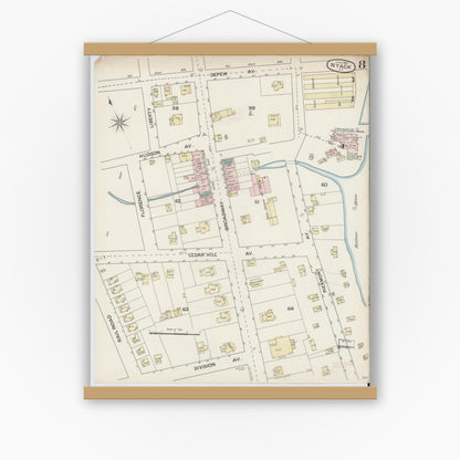 Old map wall art mockup — magnetic wood frame on white wall — Sanborn Fire Insurance Map from Nyack, Rockland County, New York. (1887), Sheet #0008