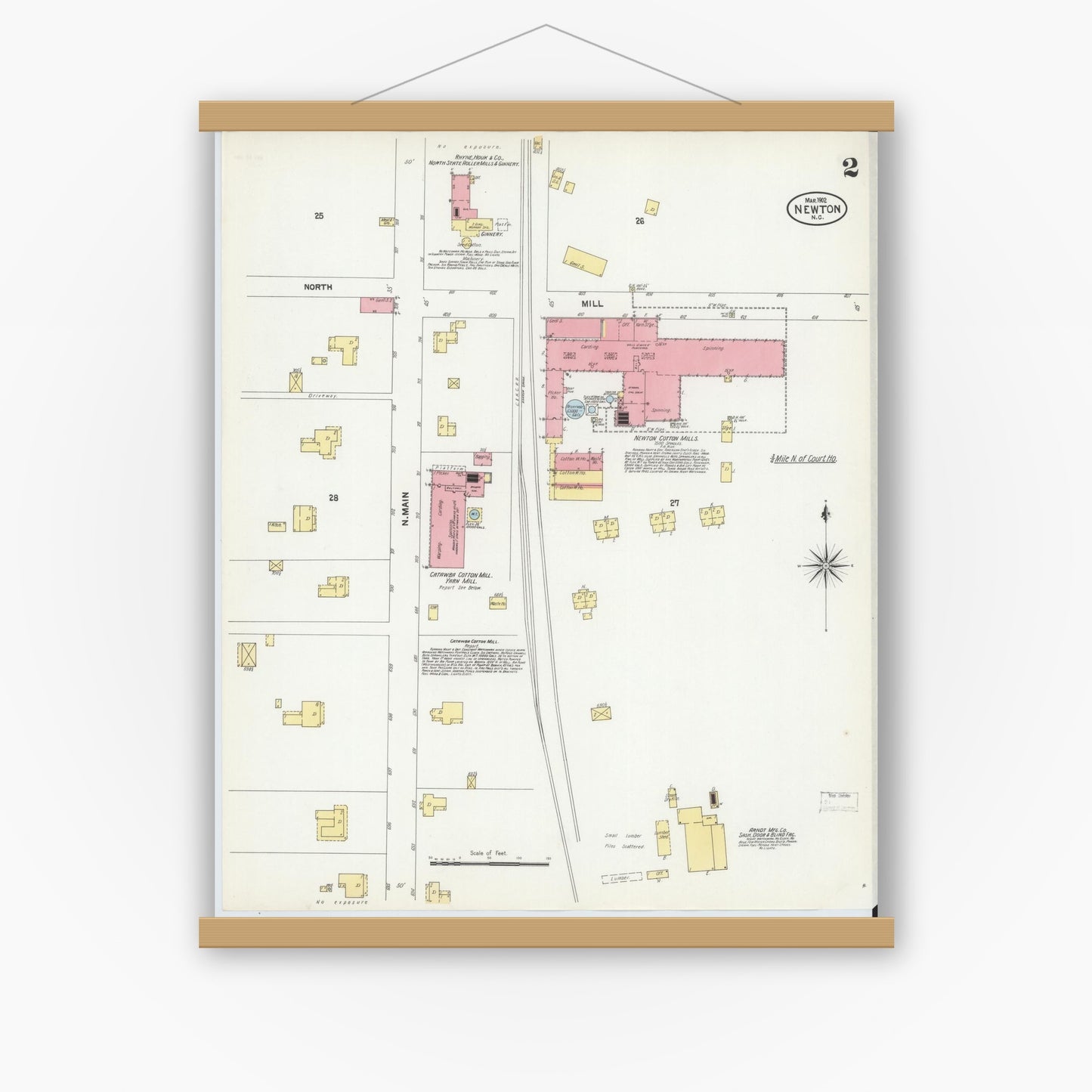 Old map wall art mockup — magnetic wood frame on white wall — Sanborn Fire Insurance Map from Newton, Catawba County, North Carolina (1902), Sheet #0002