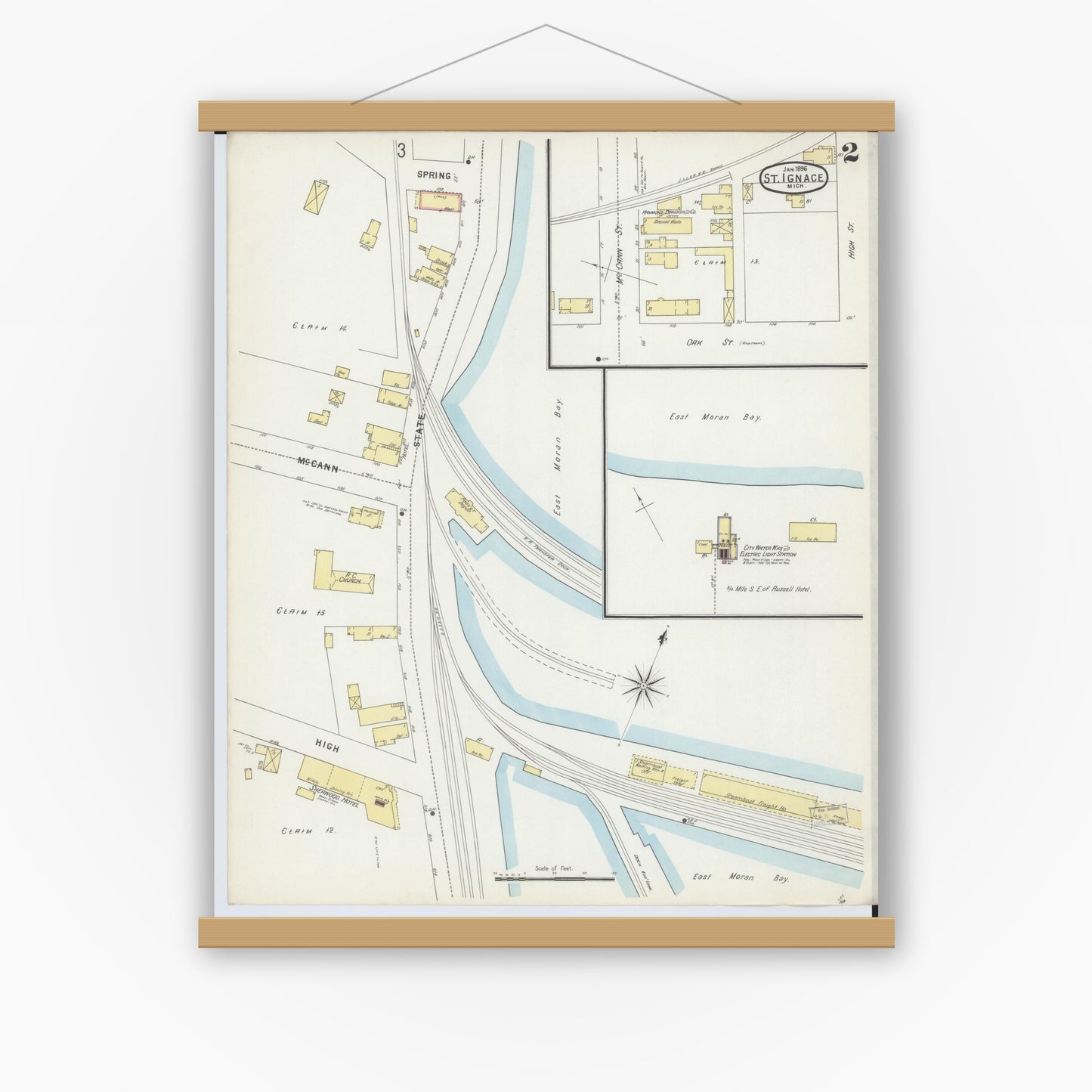 Old map wall art mockup — magnetic wood frame on white wall — Sanborn Fire Insurance Map from Saint Ignace, Mackinac County, Michigan (1896), Sheet #0002