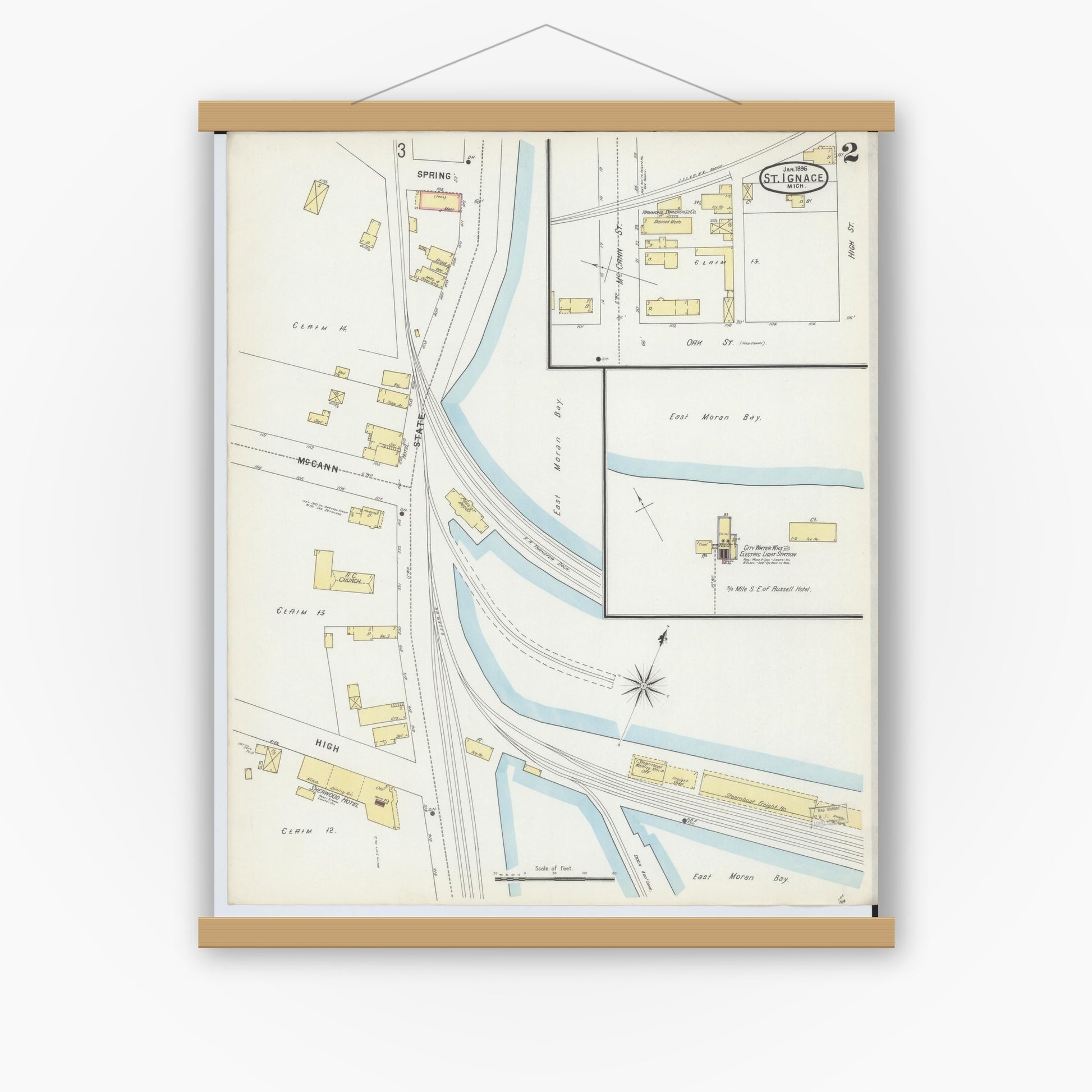 Old map wall art mockup — magnetic wood frame on white wall — Sanborn Fire Insurance Map from Saint Ignace, Mackinac County, Michigan (1896), Sheet #0002