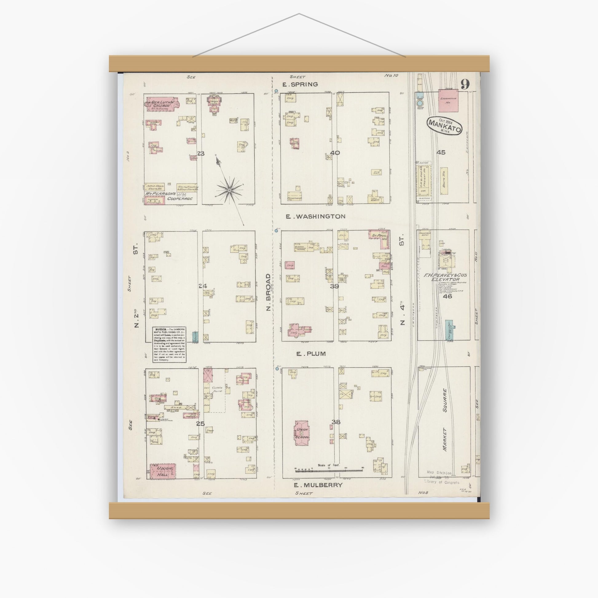 Old map wall art mockup — magnetic wood frame on white wall — Sanborn Fire Insurance Map from Mankato, Blue Earth County, Minnesota (1884), Sheet #0009