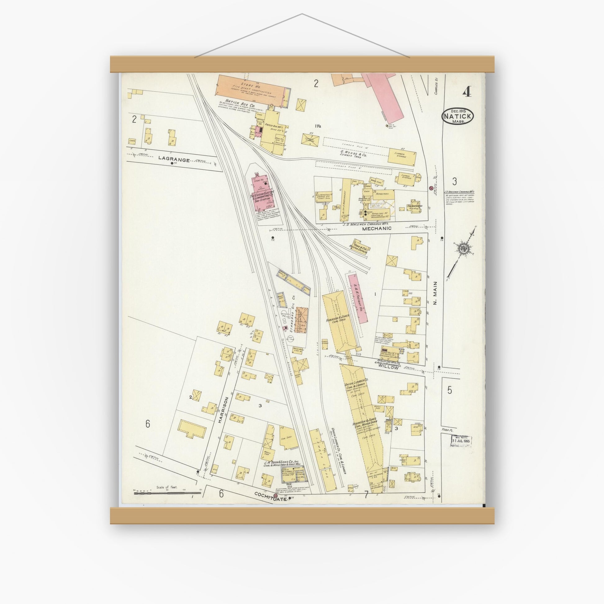 Old map wall art mockup — magnetic wood frame on white wall — Sanborn Fire Insurance Map from Natick, Middlesex County, Massachusetts (1915), Sheet #0004