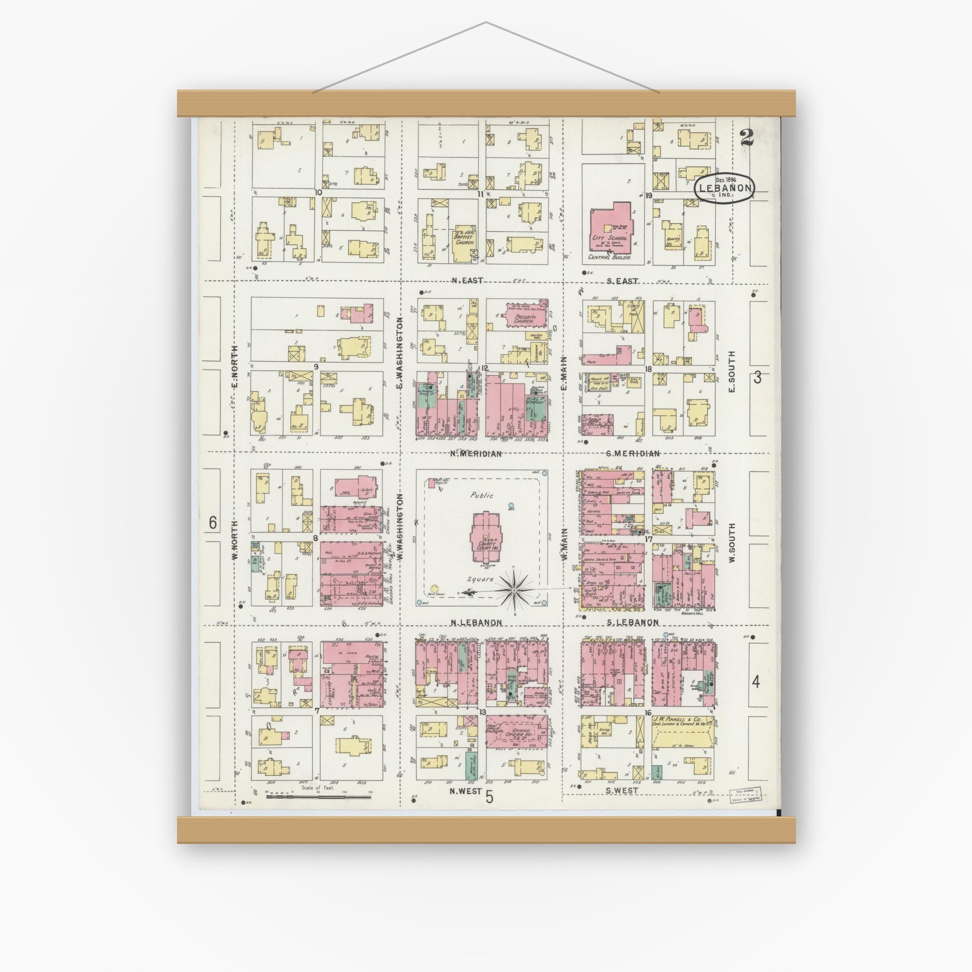 Old map wall art mockup — magnetic wood frame on white wall — Sanborn Fire Insurance Map from Lebanon, Boone County, Indiana (1896), Sheet #0002