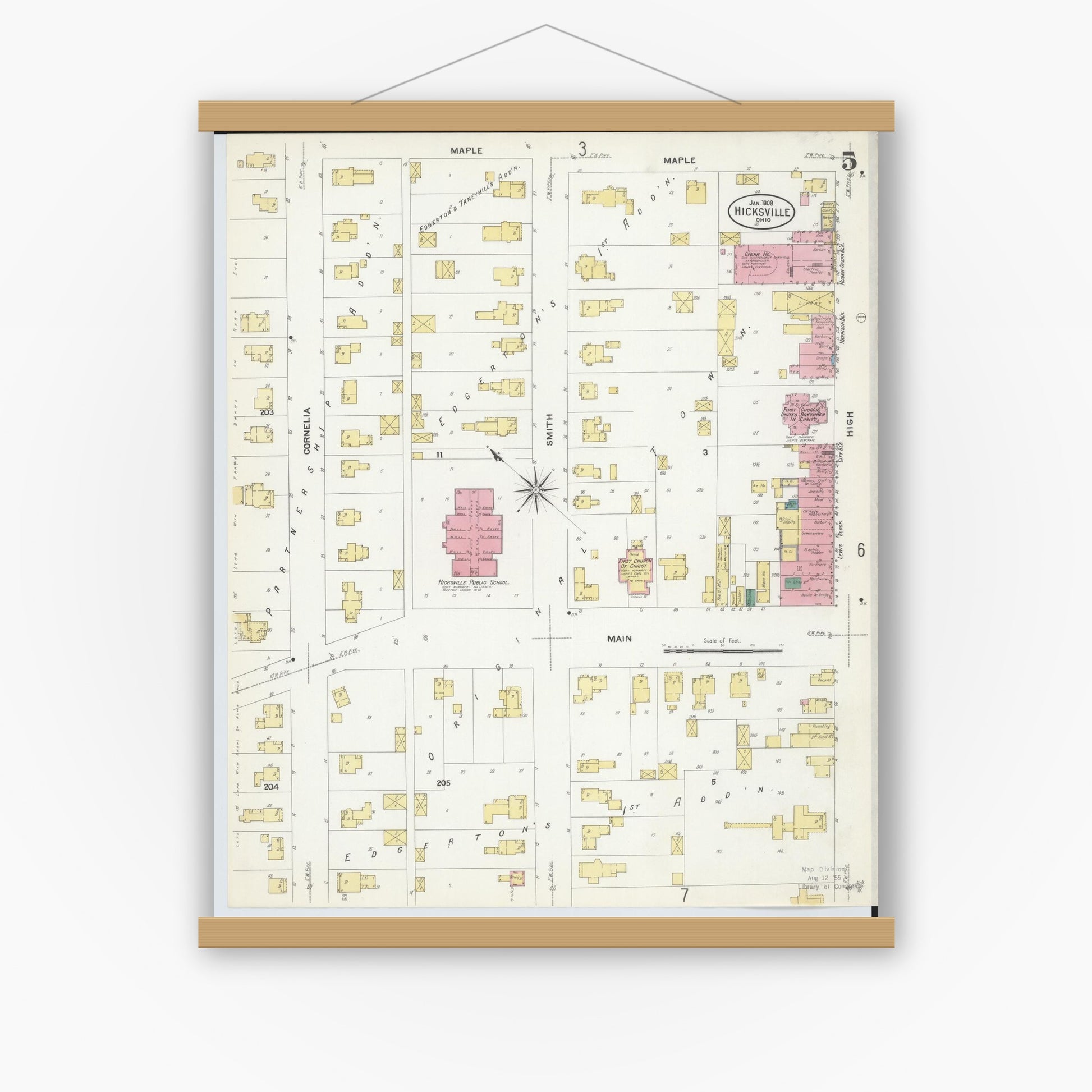 Old map wall art mockup — magnetic wood frame on white wall — Sanborn Fire Insurance Map from Hicksville, Defiance County, Ohio (1908), Sheet #0005
