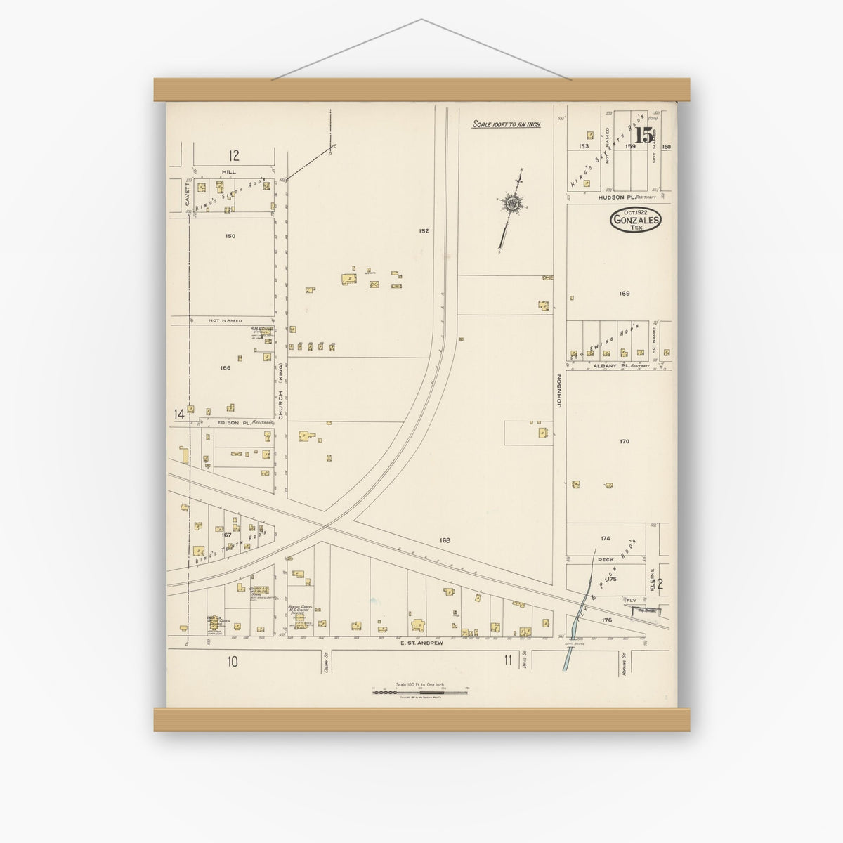 Old map wall art mockup — magnetic wood frame on white wall — Sanborn Fire Insurance Map from Gonzales, Gonzales County, Texas (1922), Sheet #0015