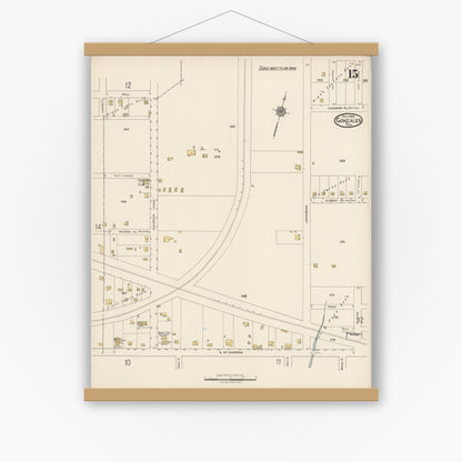 Old map wall art mockup — magnetic wood frame on white wall — Sanborn Fire Insurance Map from Gonzales, Gonzales County, Texas (1922), Sheet #0015
