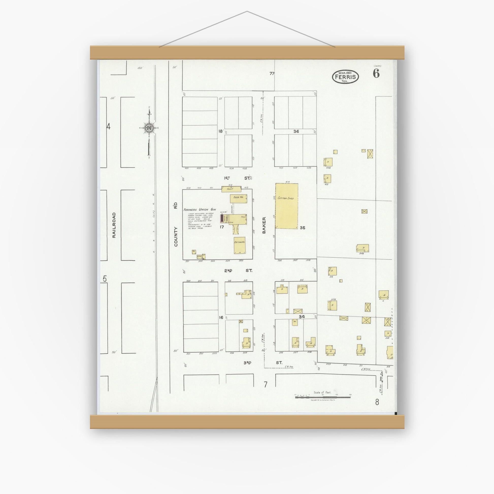 Old map wall art mockup — magnetic wood frame on white wall — Sanborn Fire Insurance Map from Ferris, Ellis County, Texas (1921), Sheet #0006