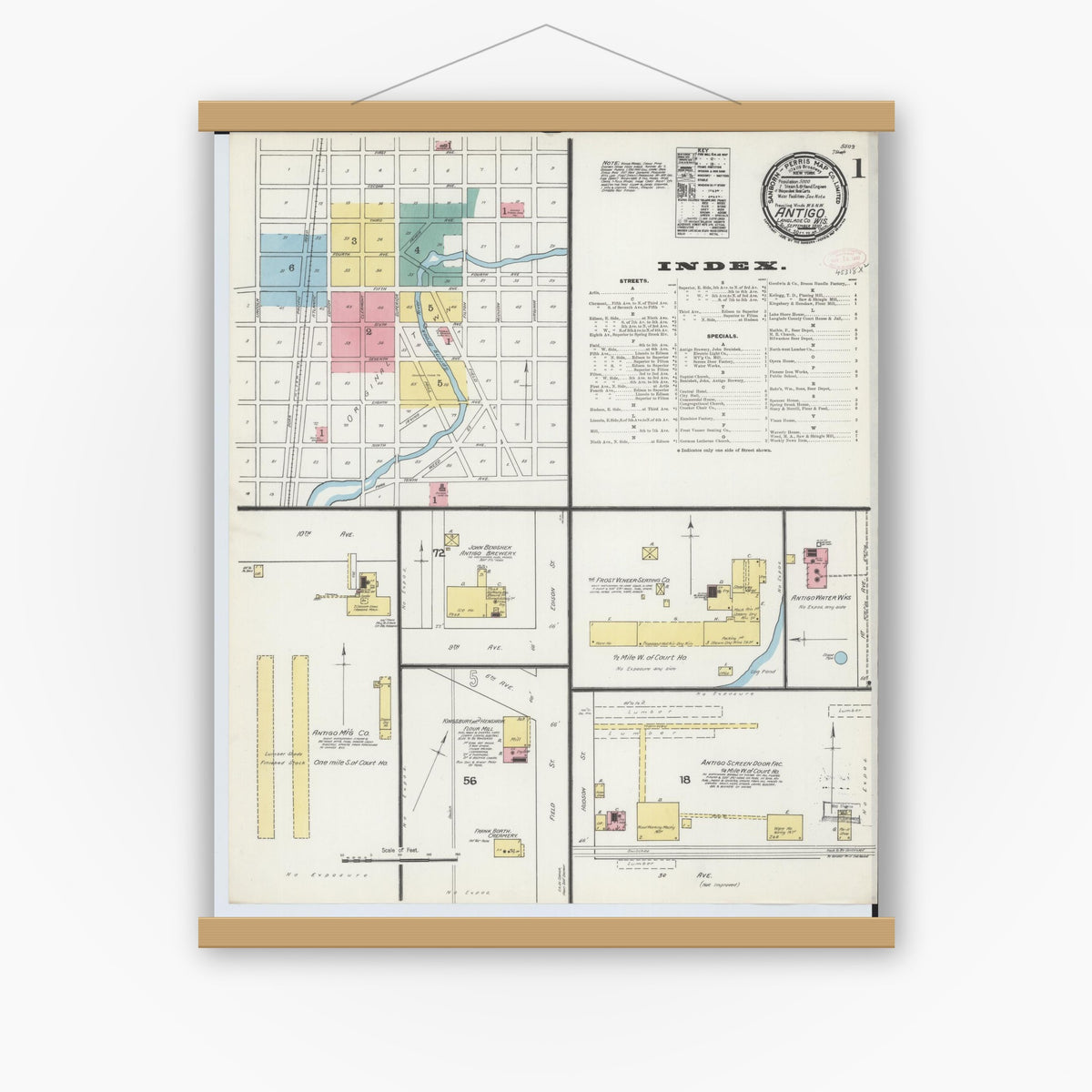 Old map wall art mockup — magnetic wood frame on white wall — Sanborn Fire Insurance Map from Antigo, Langlade County, Wisconsin (1892) - Complete Map Set