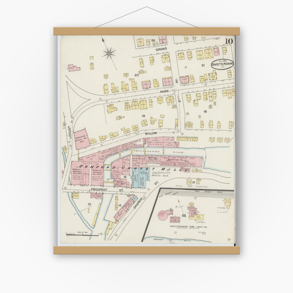 Old map wall art mockup — magnetic wood frame on white wall — Sanborn Fire Insurance Map from Amsterdam, Montgomery County, New York (1888), Sheet #0010
