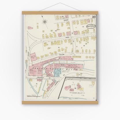 Old map wall art mockup — magnetic wood frame on white wall — Sanborn Fire Insurance Map from Amsterdam, Montgomery County, New York (1888), Sheet #0010