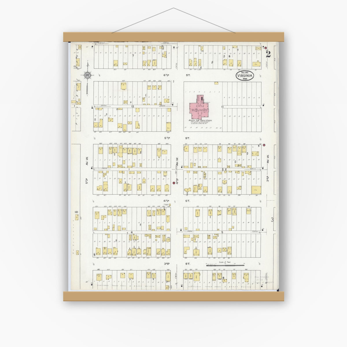 Old map wall art mockup — magnetic wood frame on white wall — Sanborn Fire Insurance Map from Virginia, Saint Louis County, Minnesota (1915), Sheet #0002