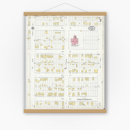 Old map wall art mockup — magnetic wood frame on white wall — Sanborn Fire Insurance Map from Virginia, Saint Louis County, Minnesota (1915), Sheet #0002