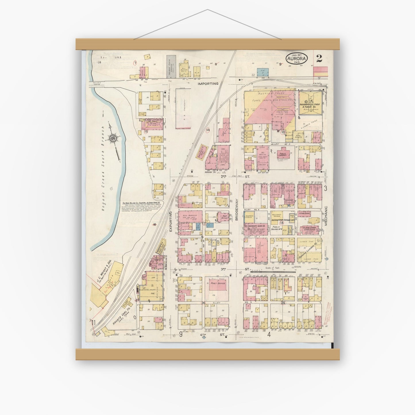 Old map wall art mockup — magnetic wood frame on white wall — Sanborn Fire Insurance Map from Aurora, Dearborn County, Indiana (1935), Sheet #0002
