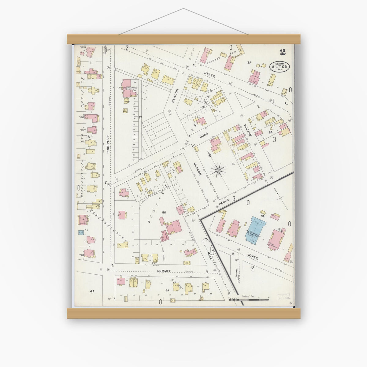Old map wall art mockup — magnetic wood frame on white wall — Sanborn Fire Insurance Map from Alton, Madison County, Illinois (1897), Sheet #0002