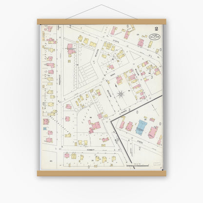 Old map wall art mockup — magnetic wood frame on white wall — Sanborn Fire Insurance Map from Alton, Madison County, Illinois (1897), Sheet #0002
