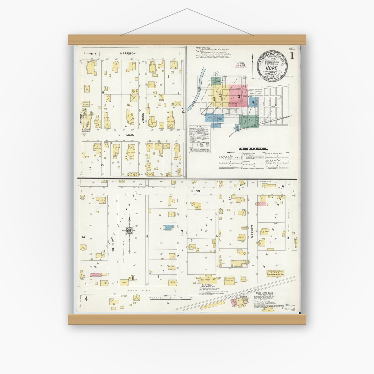 Old map wall art mockup — magnetic wood frame on white wall — Sanborn Fire Insurance Map from Hope, Bartholomew County, Indiana (1910), Sheet #0001