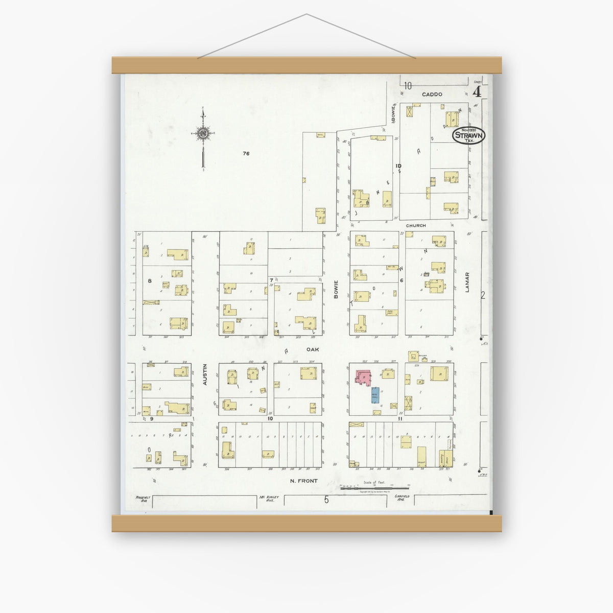 Old map wall art mockup — magnetic wood frame on white wall — Sanborn Fire Insurance Map from Strawn, Palo Pinto County, Texas (1920), Sheet #0004