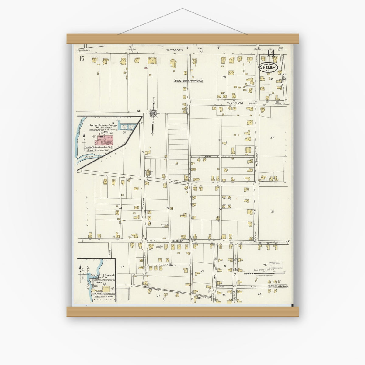 Old map wall art mockup — magnetic wood frame on white wall — Sanborn Fire Insurance Map from Shelby, Cleveland County, North Carolina (1921), Sheet #0014