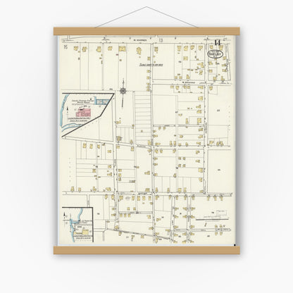 Old map wall art mockup — magnetic wood frame on white wall — Sanborn Fire Insurance Map from Shelby, Cleveland County, North Carolina (1921), Sheet #0014