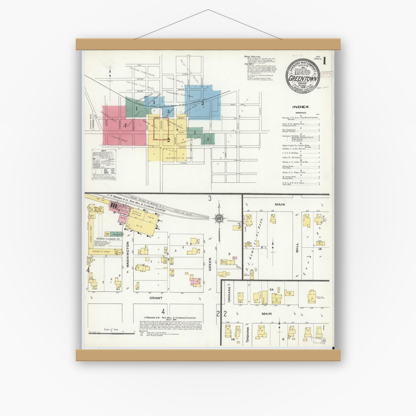 Old map wall art mockup — magnetic wood frame on white wall — Sanborn Fire Insurance Map from Greentown, Howard County, Indiana (1909) - Complete Map Set