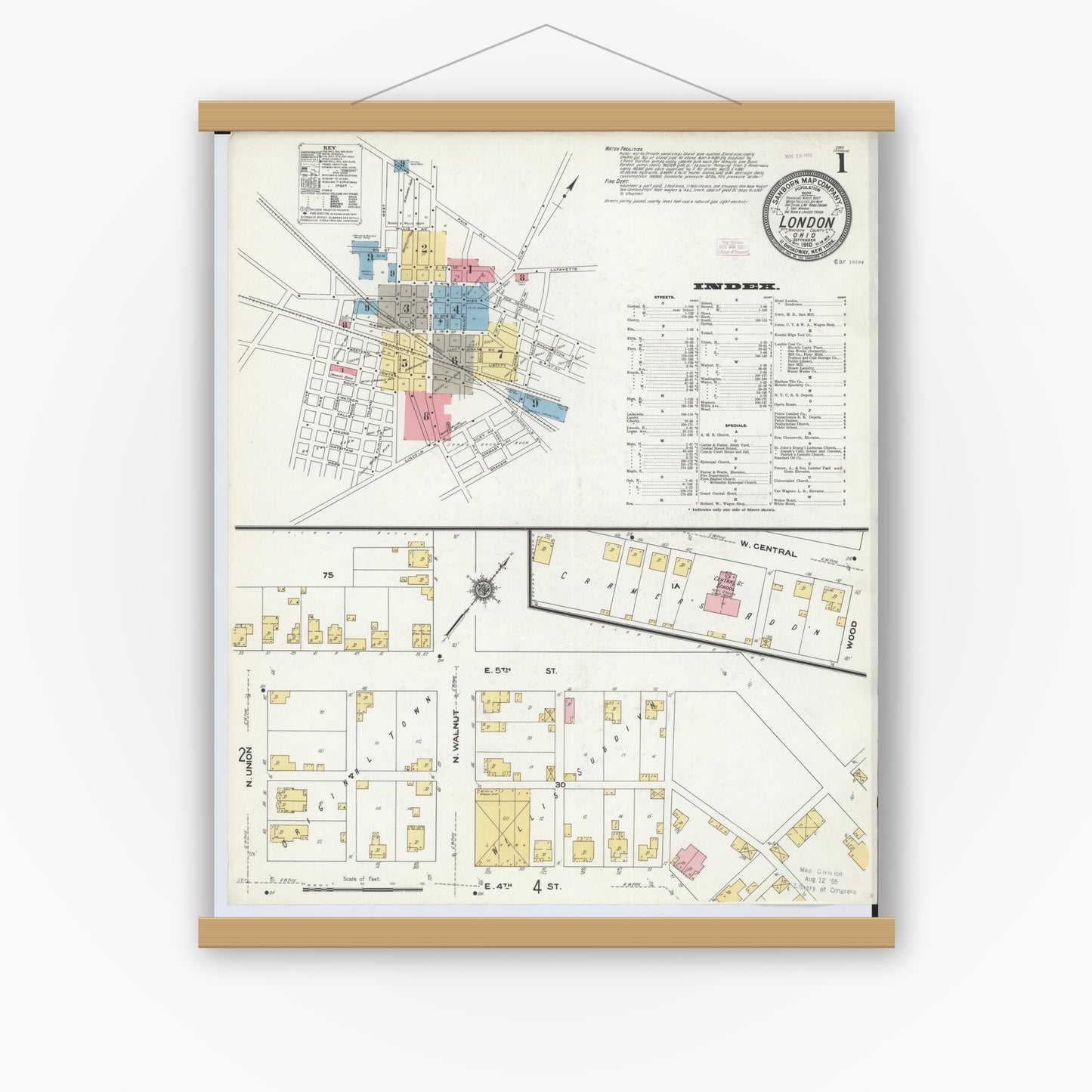 Old map wall art mockup — magnetic wood frame on white wall — Sanborn Fire Insurance Map from London, Madison County, Ohio (1910) - Complete Map Set