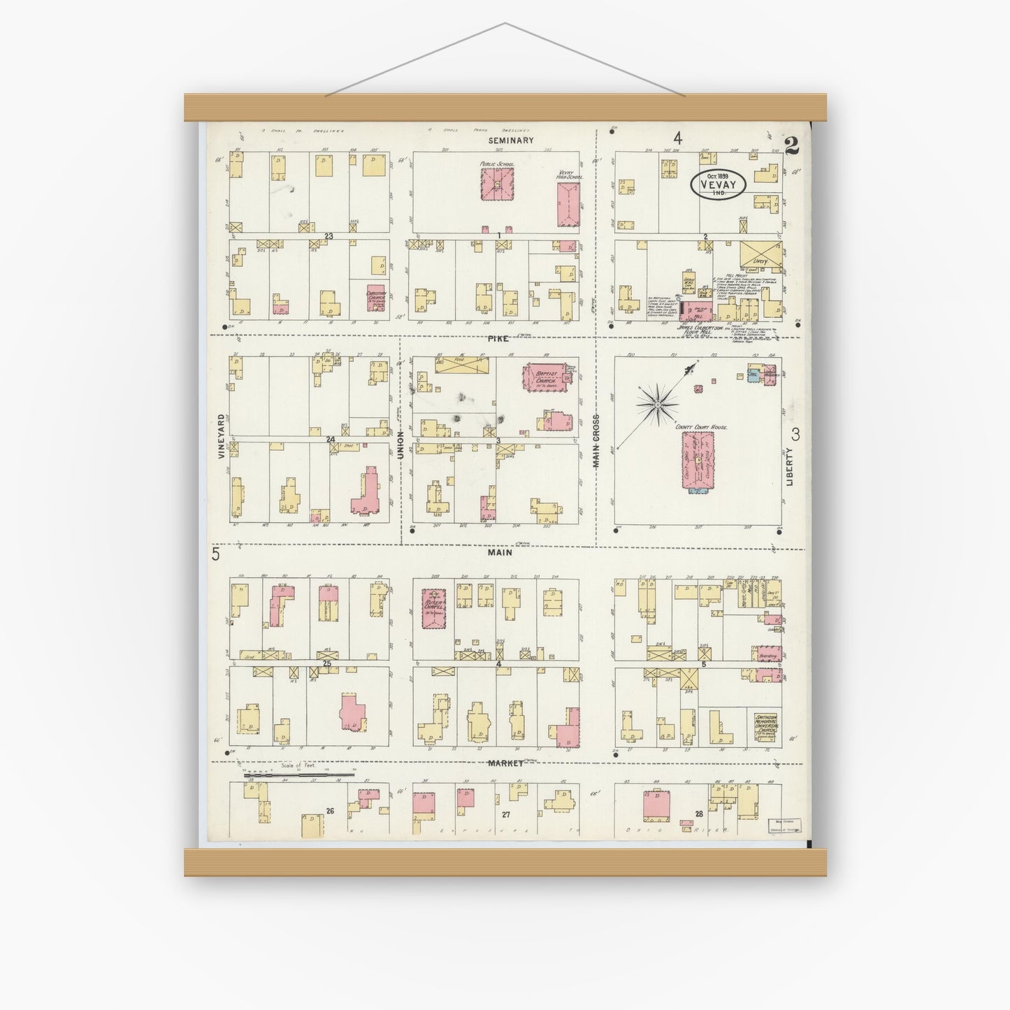 Old map wall art mockup — magnetic wood frame on white wall — Sanborn Fire Insurance Map from Vevay, Switzerland County, Indiana (1899), Sheet #0002