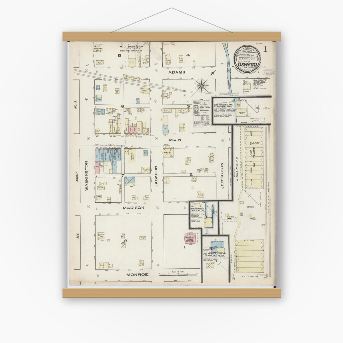 Old map wall art mockup — magnetic wood frame on white wall — Sanborn Fire Insurance Map from Oswego, Kendall County, Illinois (1885), Sheet #0001