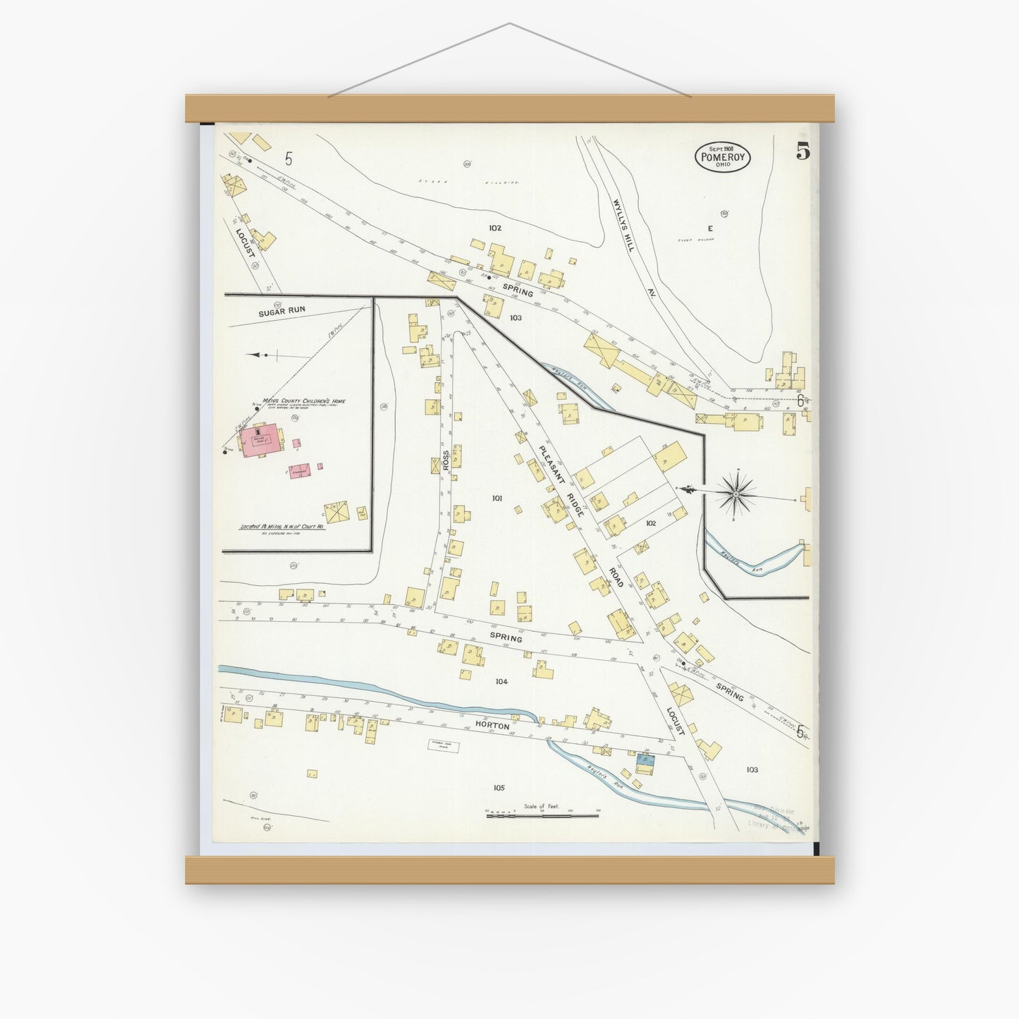 Old map wall art mockup — magnetic wood frame on white wall — Sanborn Fire Insurance Map from Pomeroy, Meigs County, Ohio (1908), Sheet #0005