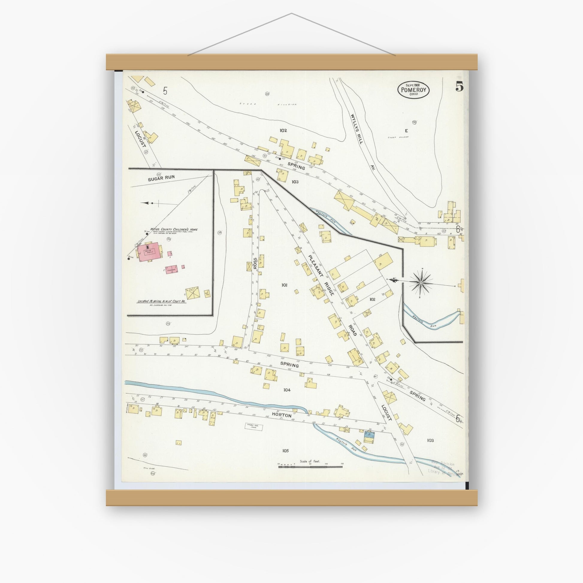 Old map wall art mockup — magnetic wood frame on white wall — Sanborn Fire Insurance Map from Pomeroy, Meigs County, Ohio (1908), Sheet #0005