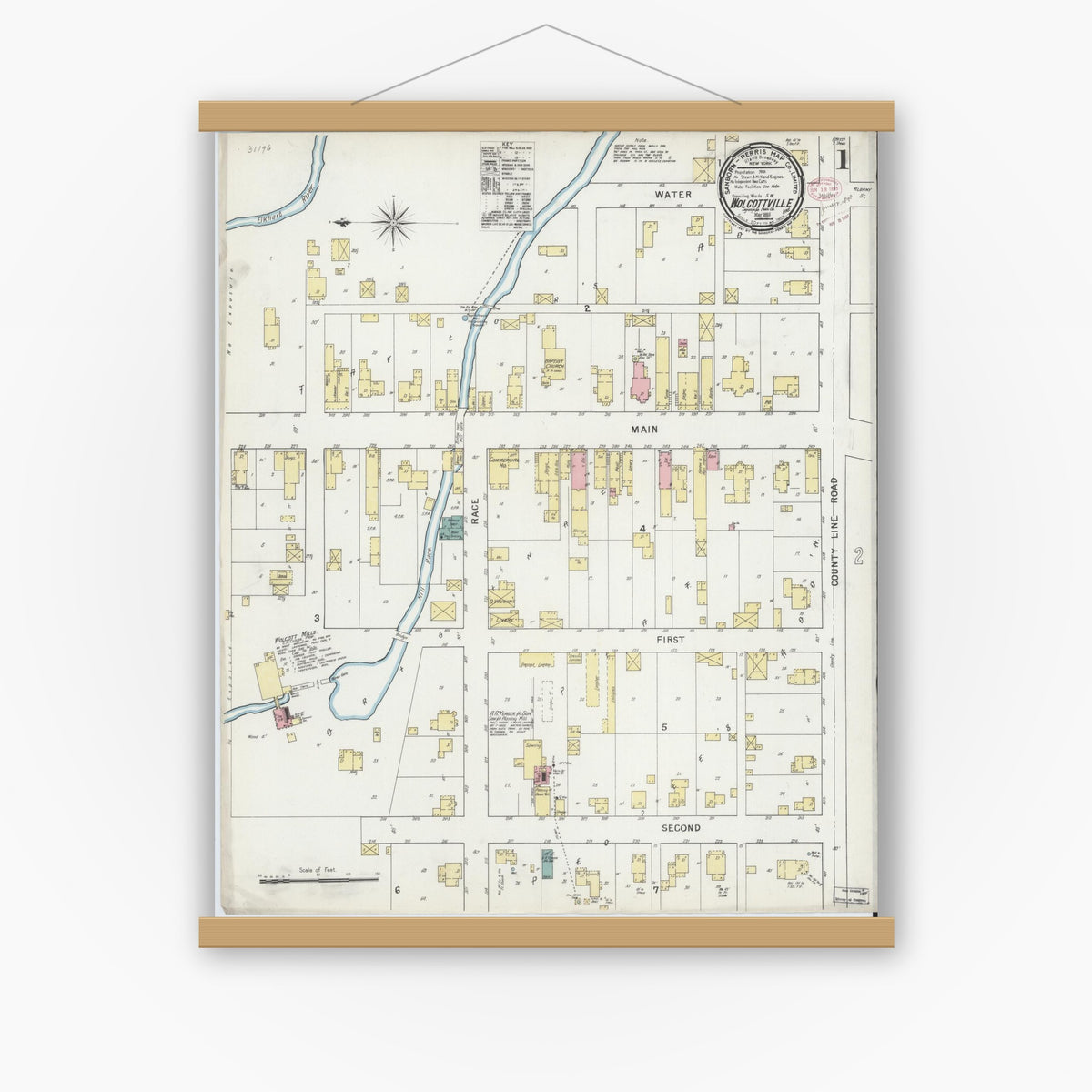 Old map wall art mockup — magnetic wood frame on white wall — Sanborn Fire Insurance Map from Wolcottville, Noble And LaGrange Counties, Indiana (1895), Sheet #0001