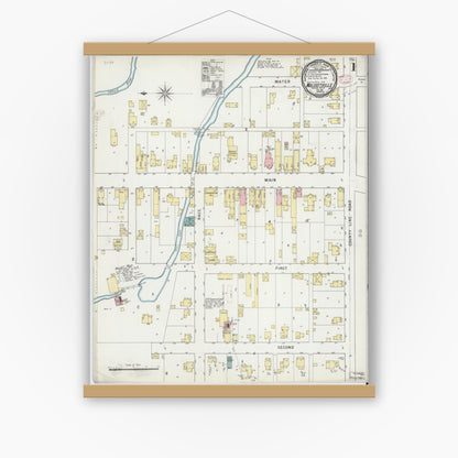 Old map wall art mockup — magnetic wood frame on white wall — Sanborn Fire Insurance Map from Wolcottville, Noble And LaGrange Counties, Indiana (1895), Sheet #0001