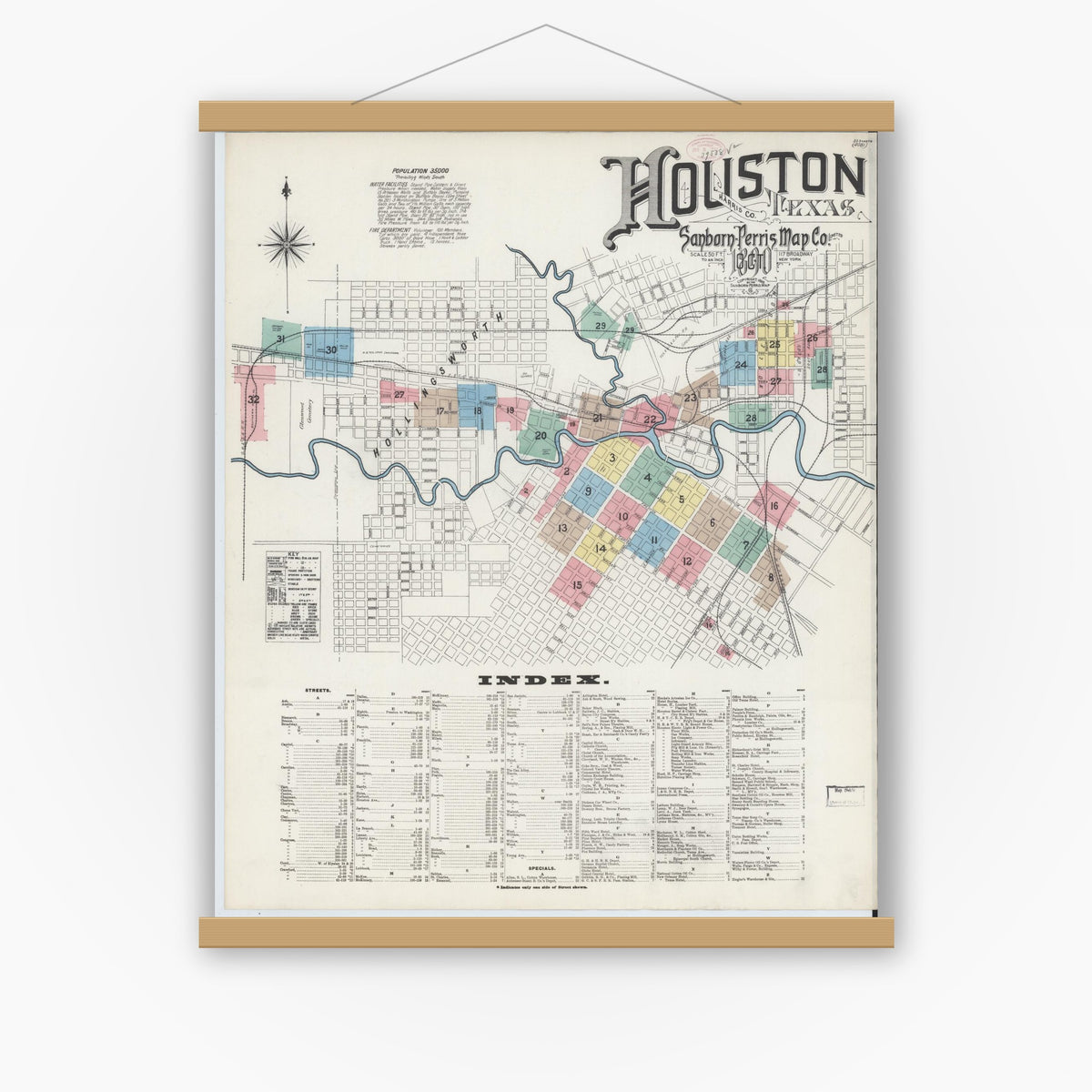 Old map wall art mockup — magnetic wood frame on white wall — Sanborn Fire Insurance Map from Houston, Harris County, Texas (1890) - Complete Map Set