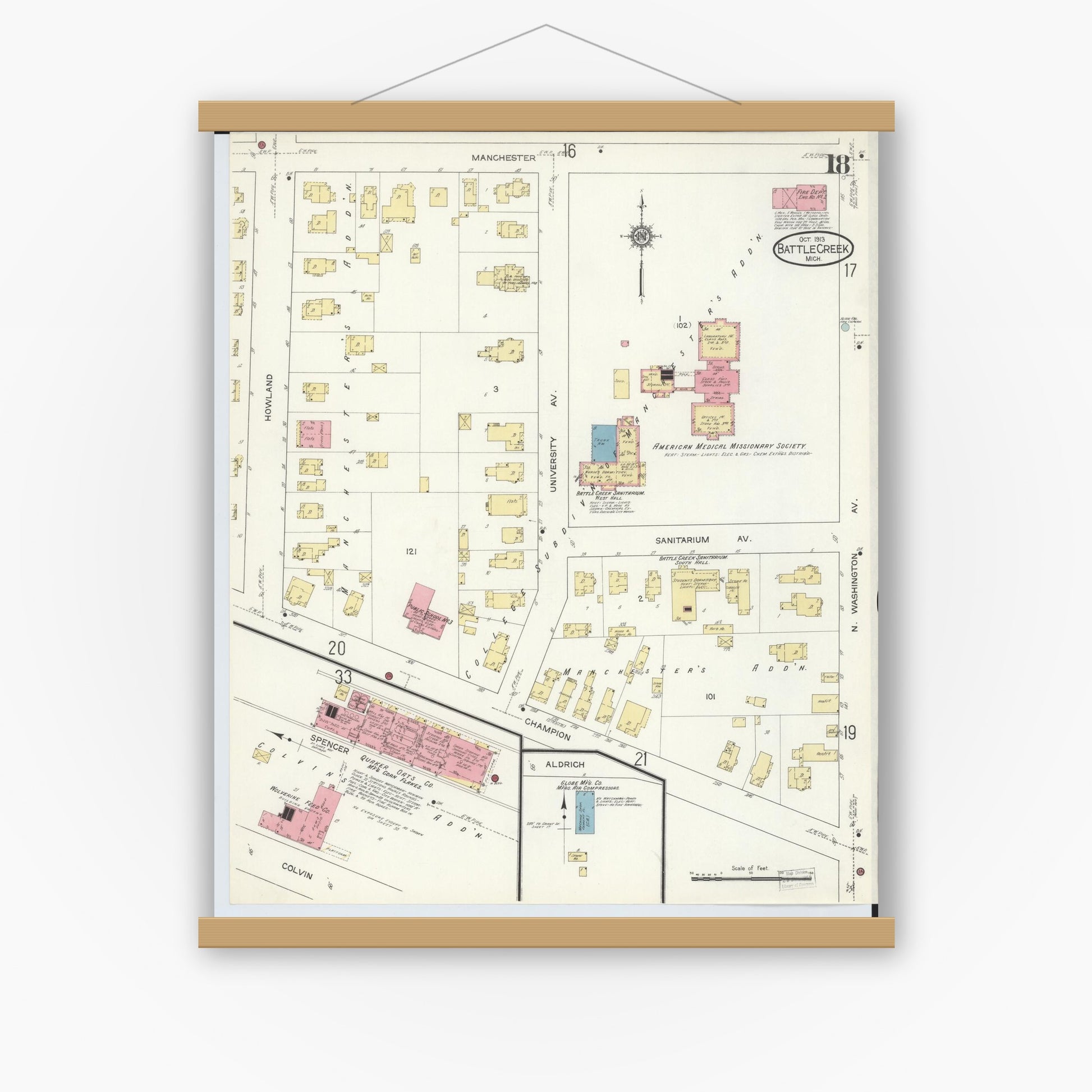 Old map wall art mockup — magnetic wood frame on white wall — Sanborn Fire Insurance Map from Battle Creek, Calhoun County, Michigan (1913), Sheet #0018