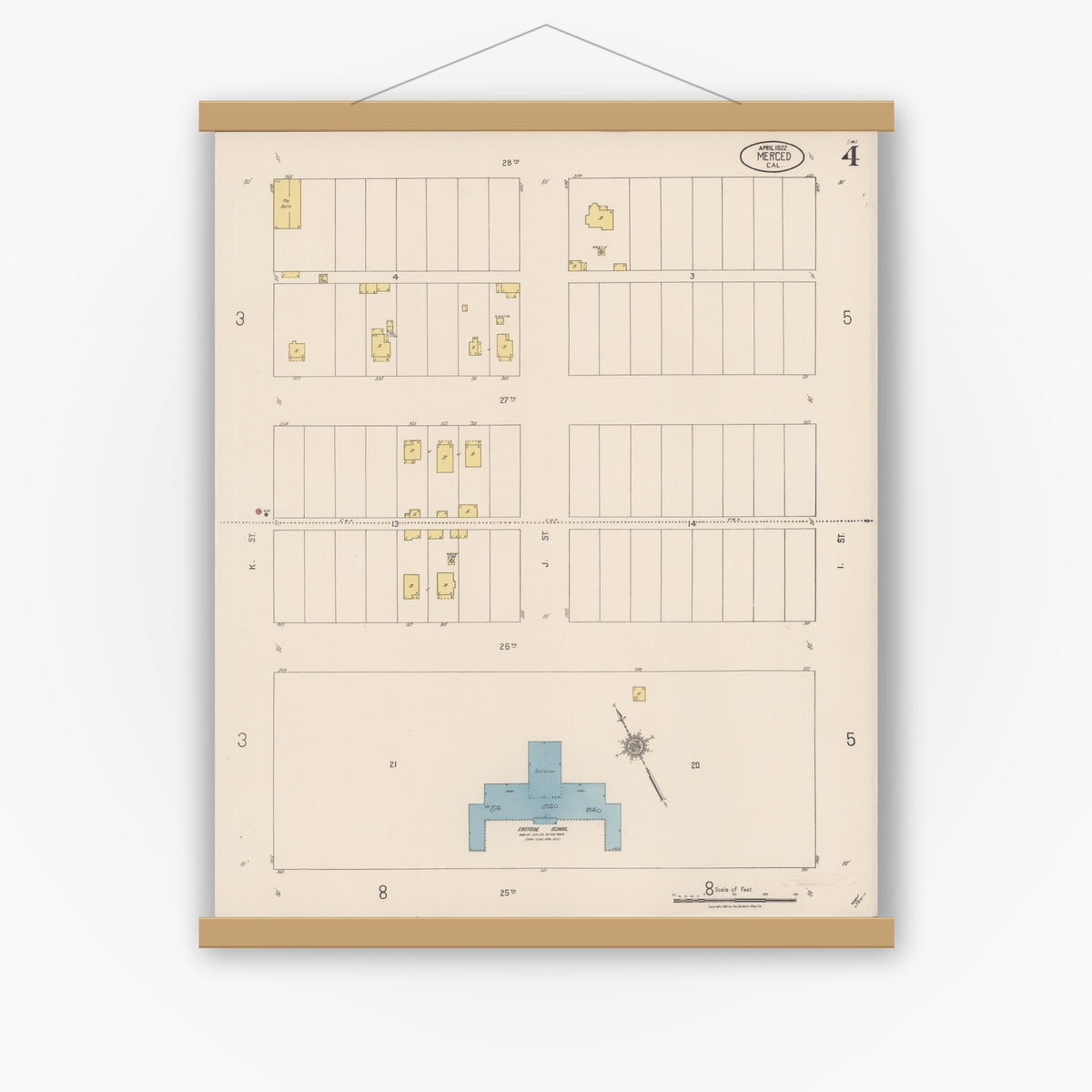 Old map wall art mockup — magnetic wood frame on white wall — Sanborn Fire Insurance Map from Merced, Merced County, California (1922), Sheet #0004