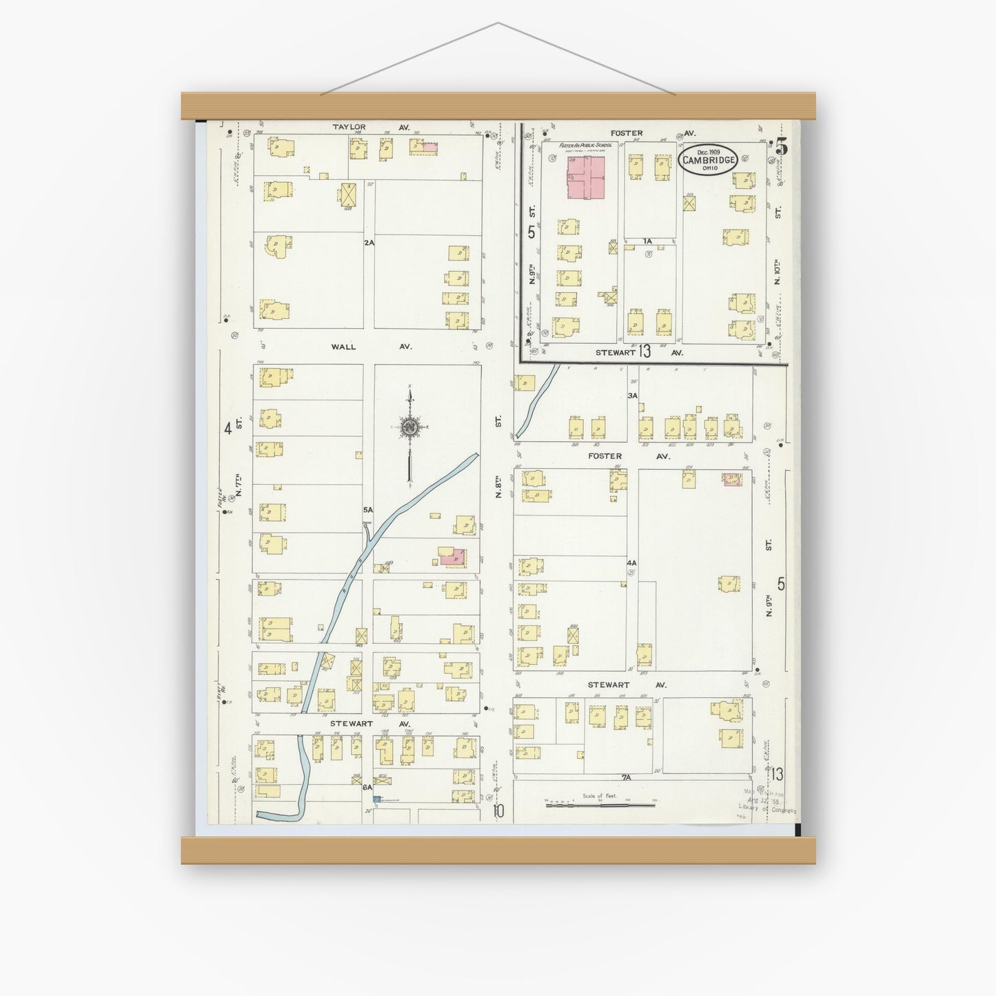 Old map wall art mockup — magnetic wood frame on white wall — Sanborn Fire Insurance Map from Cambridge, Guernsey County, Ohio (1909), Sheet #0005