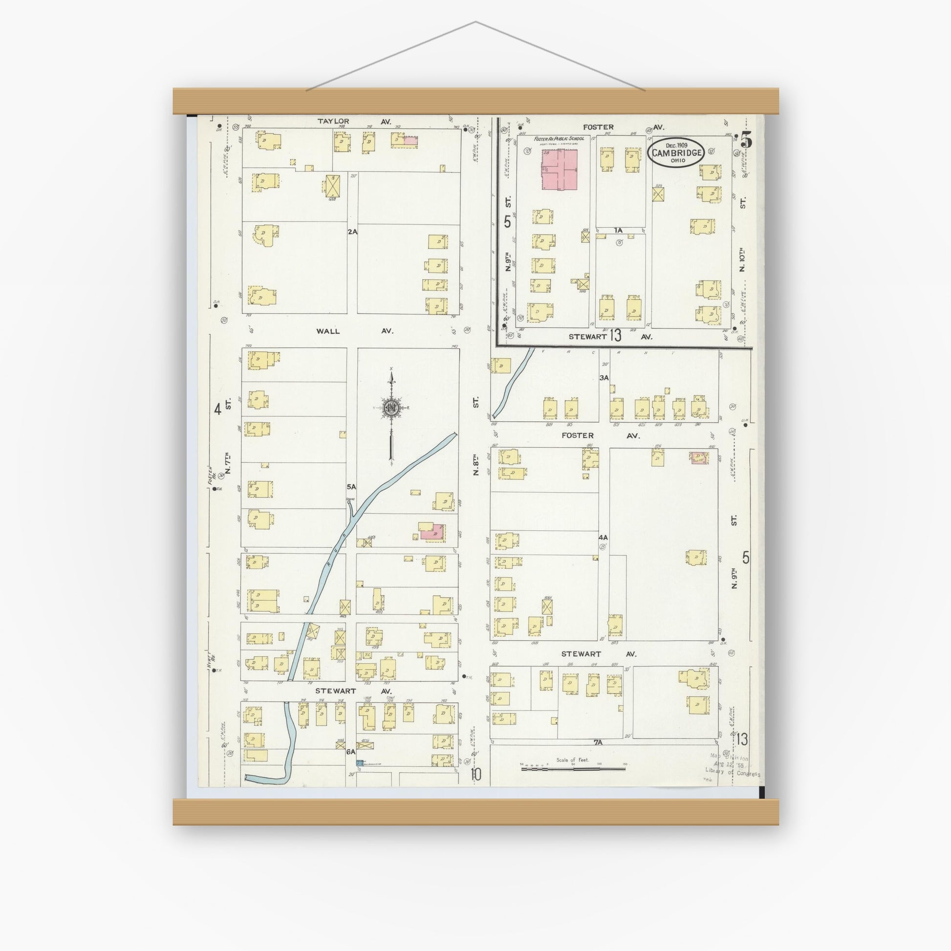 Old map wall art mockup — magnetic wood frame on white wall — Sanborn Fire Insurance Map from Cambridge, Guernsey County, Ohio (1909), Sheet #0005
