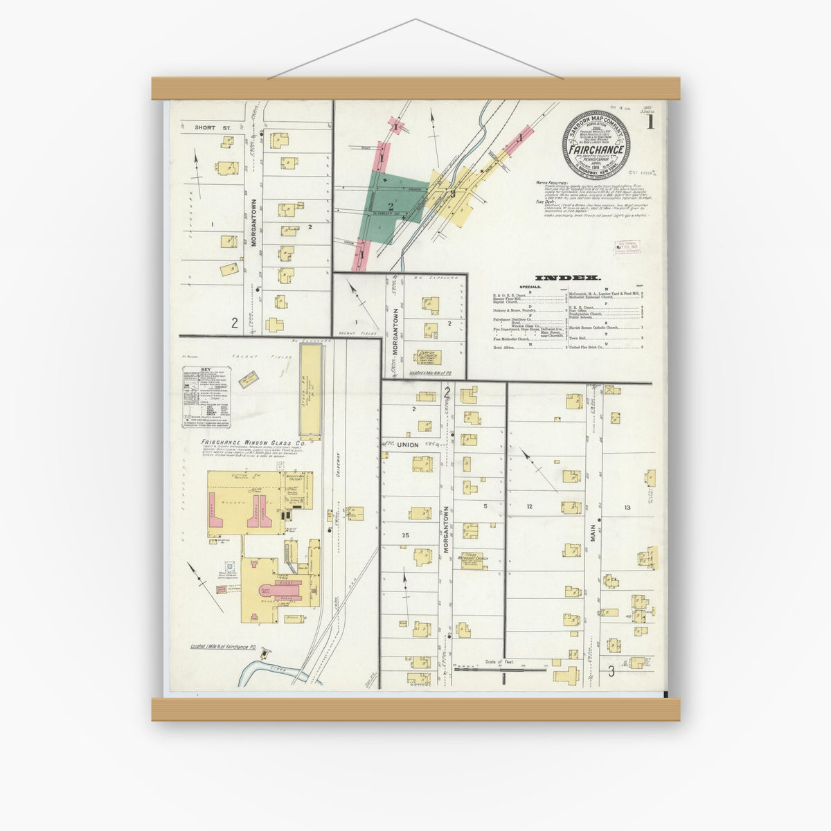 Old map wall art mockup — magnetic wood frame on white wall — Sanborn Fire Insurance Map from Fairchange, Fayette County, Pennsylvania (1911), Sheet #0001