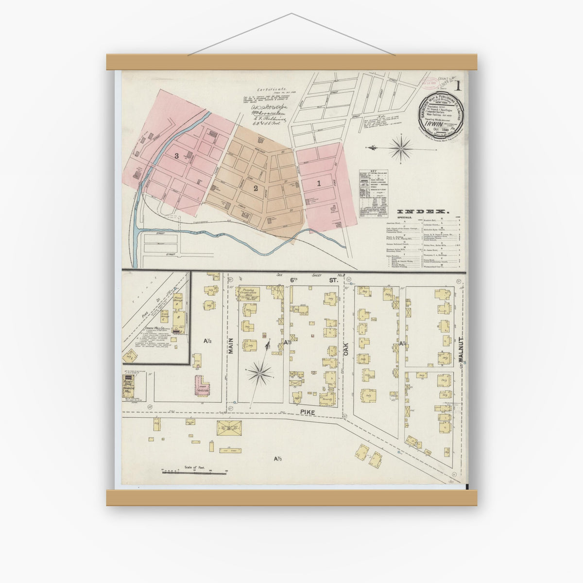 Old map wall art mockup — magnetic wood frame on white wall — Sanborn Fire Insurance Map from Irwin, Westmoreland County, Pennsylvania (1889), Sheet #0001