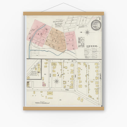 Old map wall art mockup — magnetic wood frame on white wall — Sanborn Fire Insurance Map from Irwin, Westmoreland County, Pennsylvania (1889), Sheet #0001