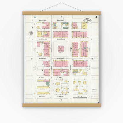 Old map wall art mockup — magnetic wood frame on white wall — Sanborn Fire Insurance Map from Cleburne, Johnson County, Texas (1898), Sheet #0004