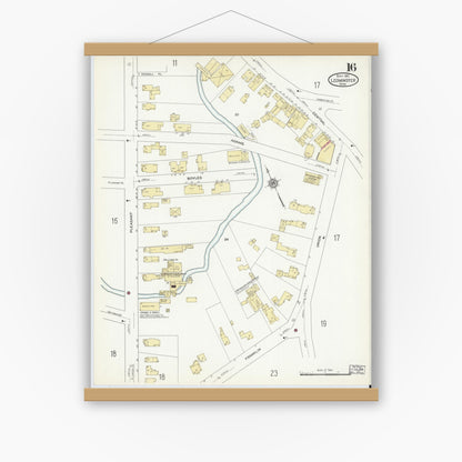Old map wall art mockup — magnetic wood frame on white wall — Sanborn Fire Insurance Map from Leominster, Worcester County, Massachusetts (1912), Sheet #0016