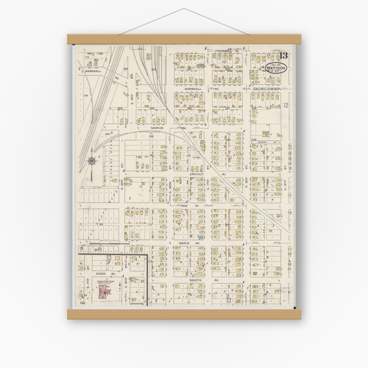 Old map wall art mockup — magnetic wood frame on white wall — Sanborn Fire Insurance Map from Mattoon, Coles County, Illinois (1915), Sheet #0013