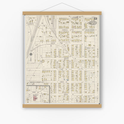 Old map wall art mockup — magnetic wood frame on white wall — Sanborn Fire Insurance Map from Mattoon, Coles County, Illinois (1915), Sheet #0013