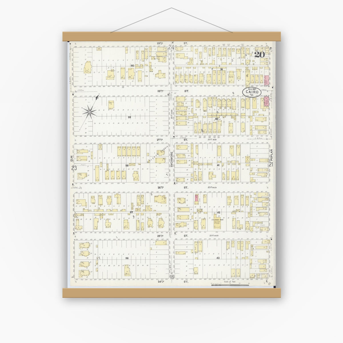 Old map wall art mockup — magnetic wood frame on white wall — Sanborn Fire Insurance Map from Cairo, Alexander County, Illinois (1907), Sheet #0020