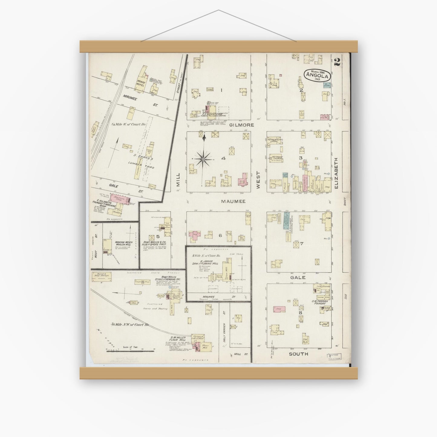 Old map wall art mockup — magnetic wood frame on white wall — Sanborn Fire Insurance Map from Angola, Steuben County, Indiana (1886), Sheet #0002