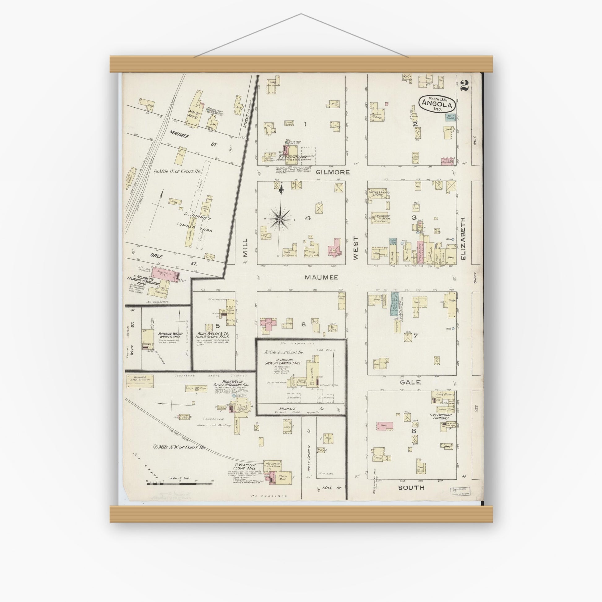 Old map wall art mockup — magnetic wood frame on white wall — Sanborn Fire Insurance Map from Angola, Steuben County, Indiana (1886), Sheet #0002