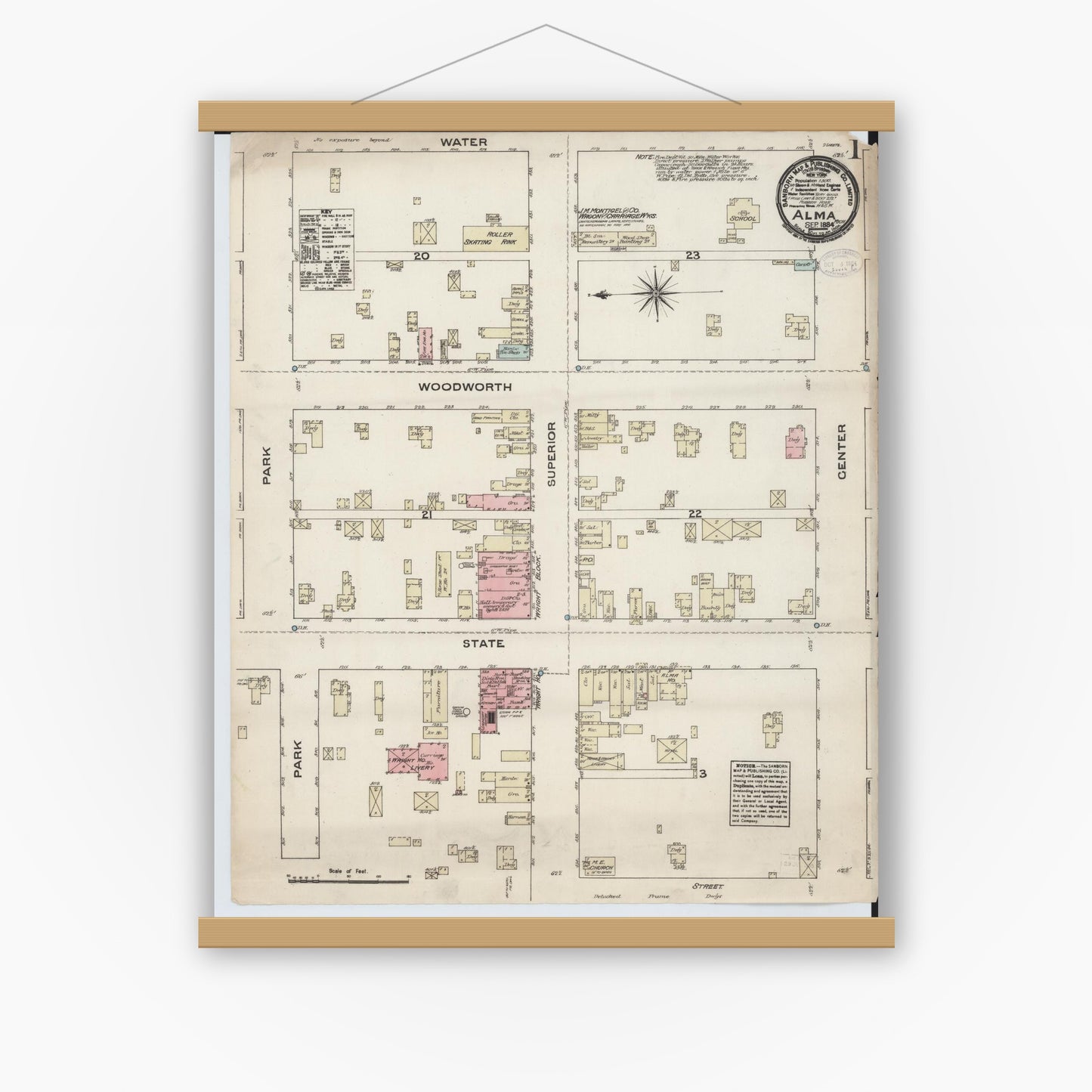 Old map wall art mockup — magnetic wood frame on white wall — Sanborn Fire Insurance Map from Alma, Gratiot County, Michigan (1884), Sheet #0001