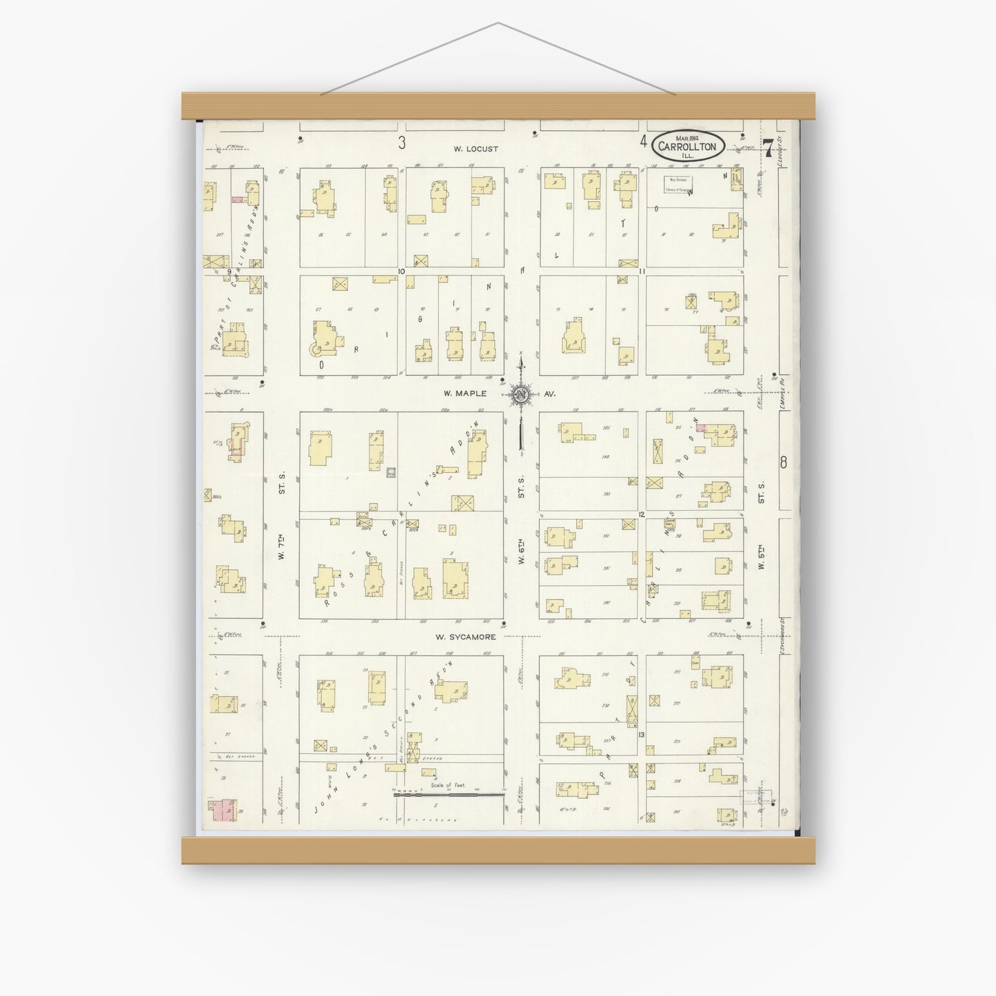 Old map wall art mockup — magnetic wood frame on white wall — Sanborn Fire Insurance Map from Carrollton, Greene County, Illinois (1914), Sheet #0007