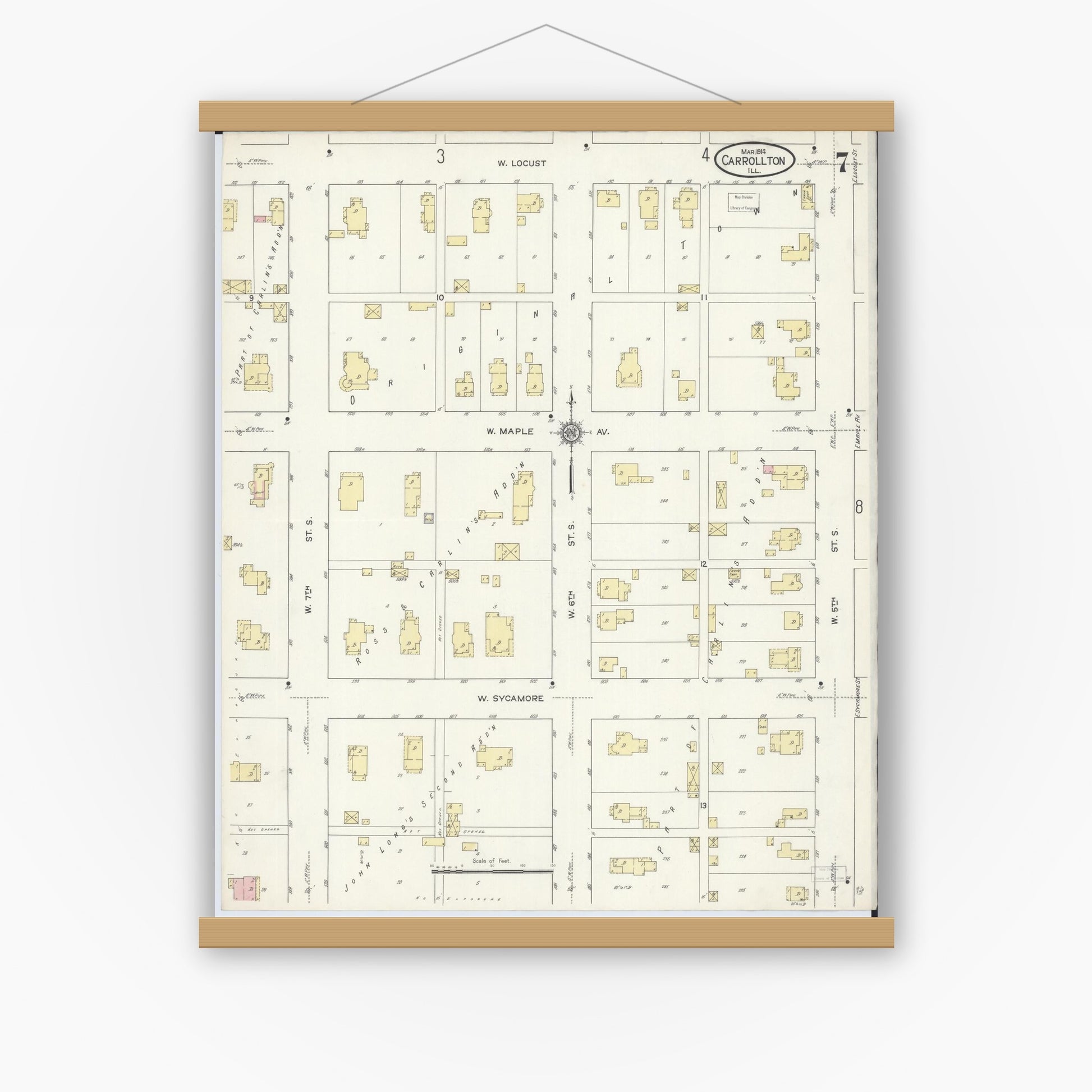 Old map wall art mockup — magnetic wood frame on white wall — Sanborn Fire Insurance Map from Carrollton, Greene County, Illinois (1914), Sheet #0007