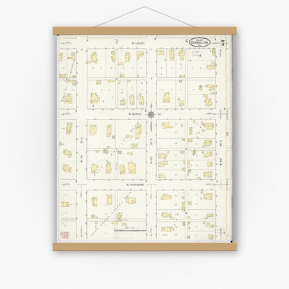 Old map wall art mockup — magnetic wood frame on white wall — Sanborn Fire Insurance Map from Carrollton, Greene County, Illinois (1914), Sheet #0007